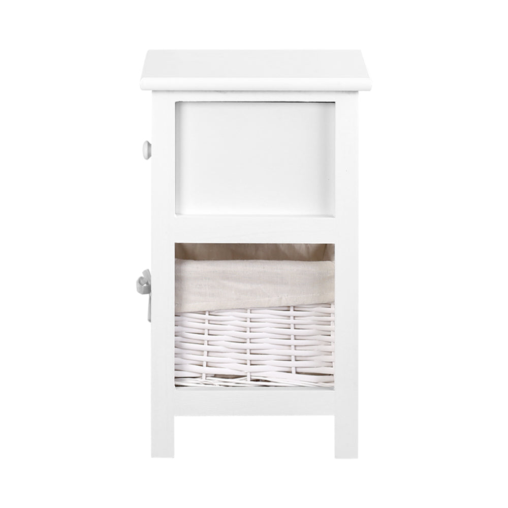 Set of Two Mini Bedside Tables with Wicker Baskets - White