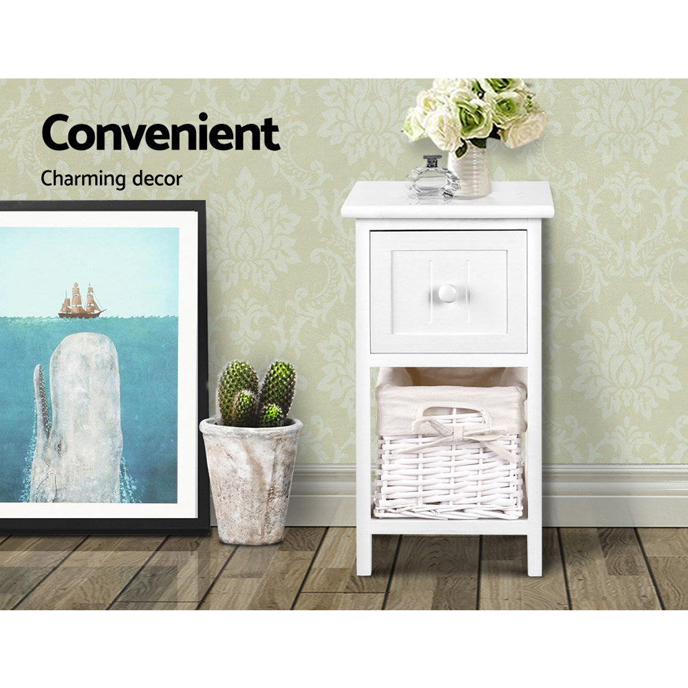 Set of Two Mini Bedside Tables with Wicker Baskets - White
