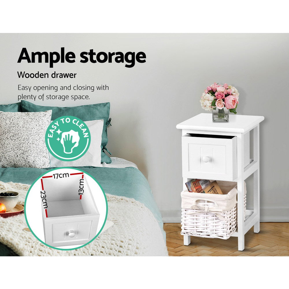 Set of Two Mini Bedside Tables with Wicker Baskets - White
