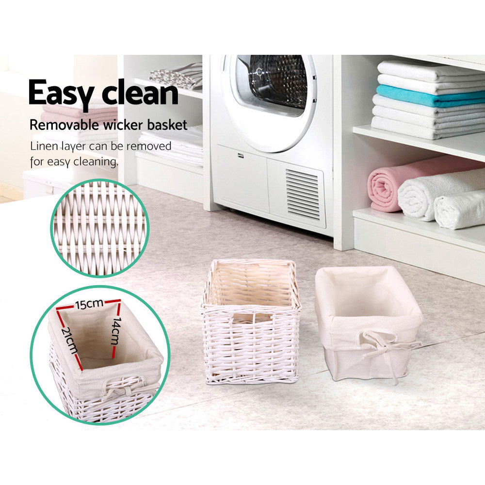 Set of Two Mini Bedside Tables with Wicker Baskets - White