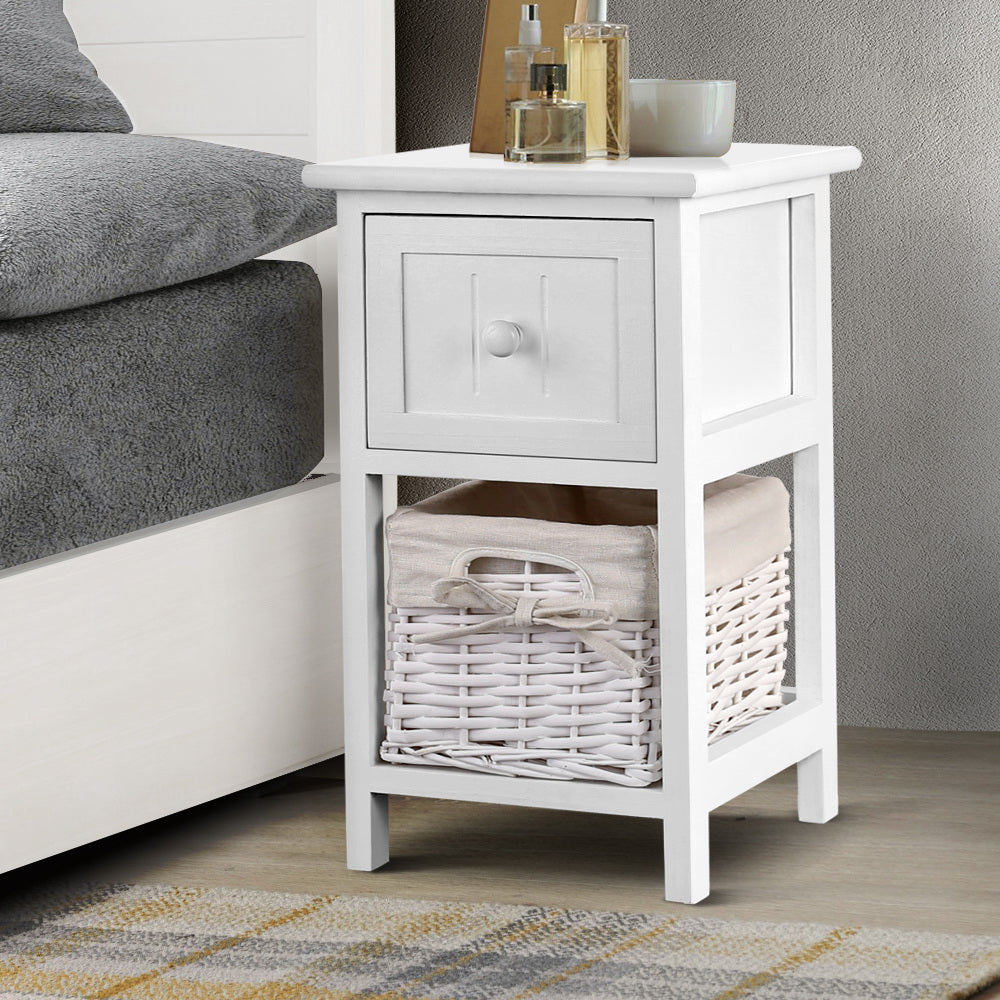 Set of Two Mini Bedside Tables with Wicker Baskets - White