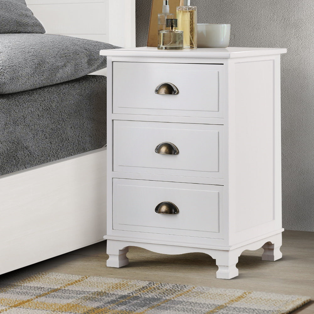 Back In Stock! No Assembly Required! Bedside Table Vintage Handles 3 Drawer White
