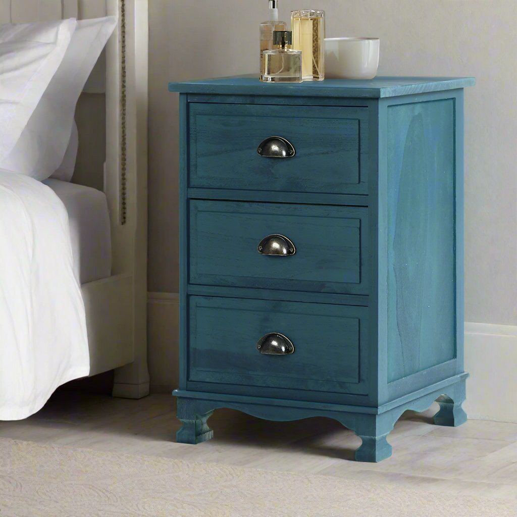 No Assembly required on this Vintage Blue Bedside Table with Three Drawers