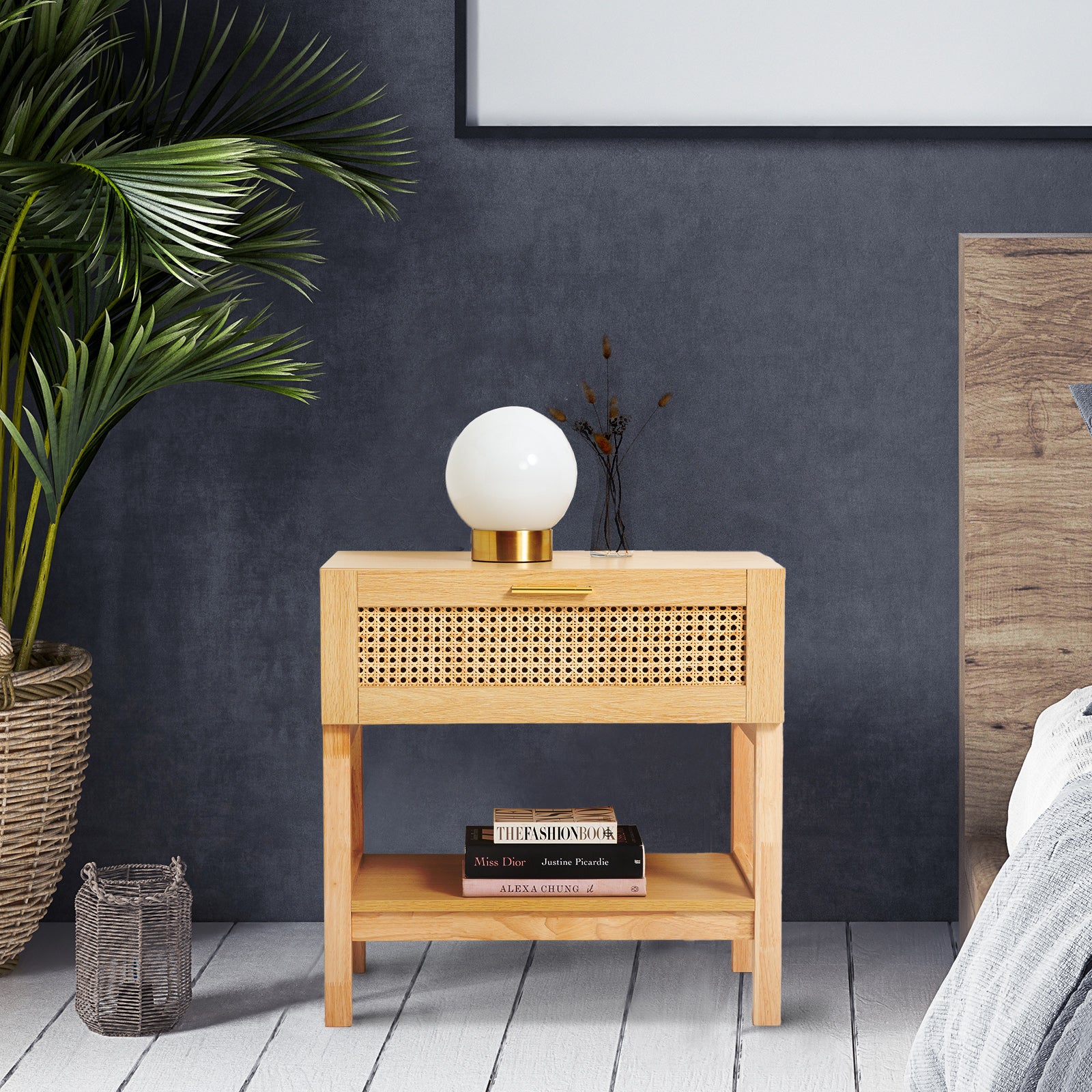 Out of Stock! Casa Decor Santiago Rattan Bedside Table Drawers Table Nightstand Cabinet Oak