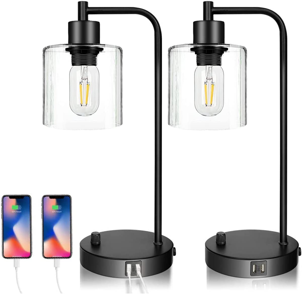 Back in Stock! Free Shipping on this set of Two Industrial Dimmable Table Lamps with 2 USB Ports and Energy Efficient LED Bulbs