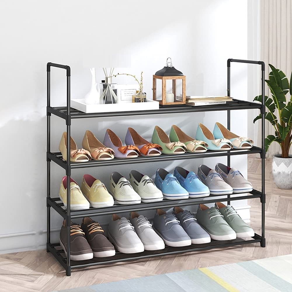 Back In Stock! Free Shipping! 4-Tier Stainless Steel Shoe Rack Storage Organizer to Hold up to 20 Pairs of Shoes (80cm, Black)