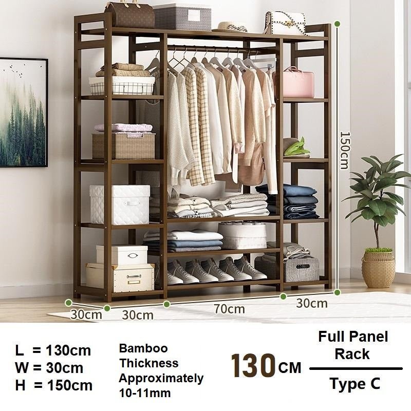 Bamboo Clothes Rack/Organizer With Hanging Rail and Shelves 130cm