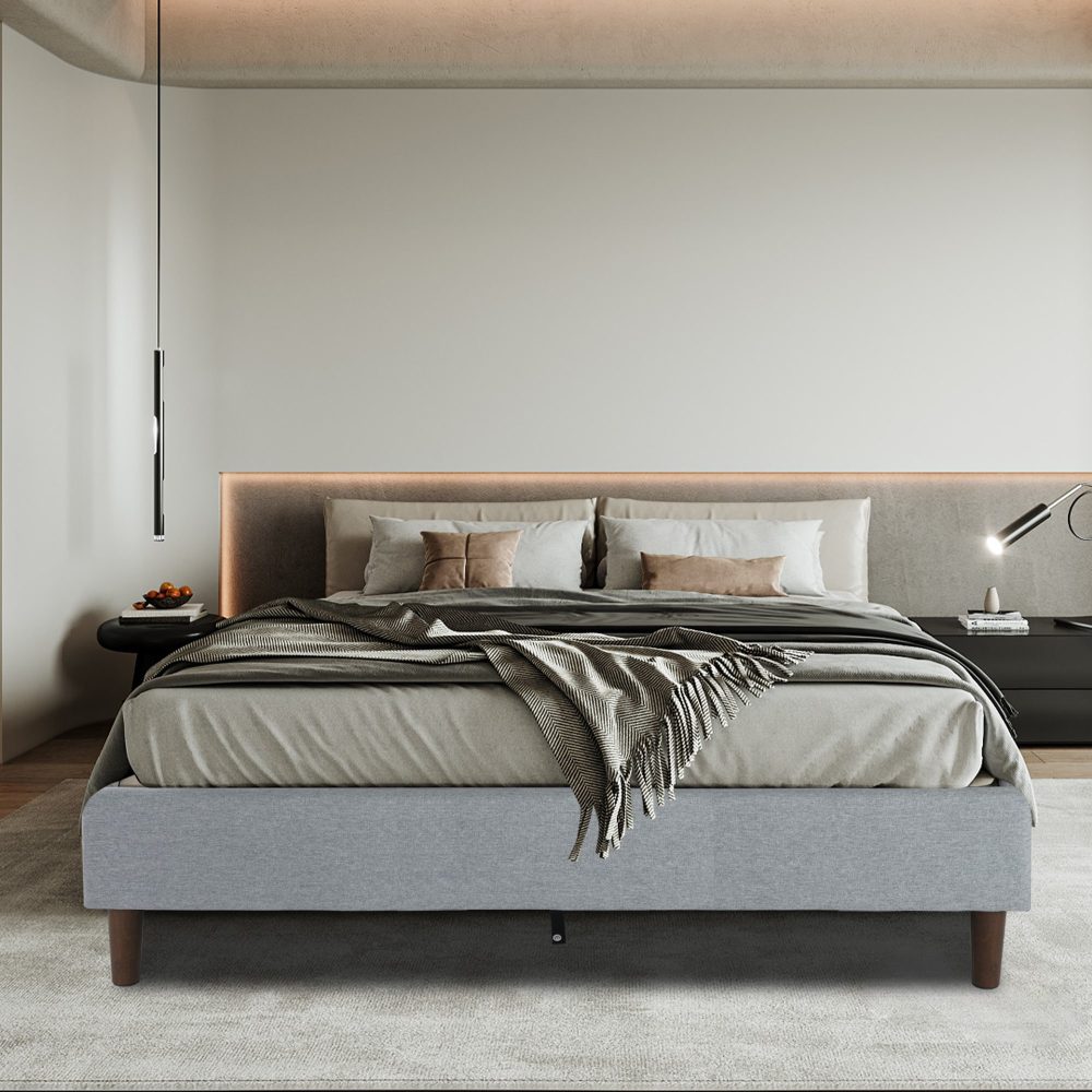 Queen Size Bedframe with Wooden Slats - Light Grey
