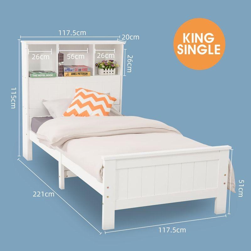 Out of Stock! King Single Solid Pine Timber Bed Frame with Bookshelf Storage Headboard- White