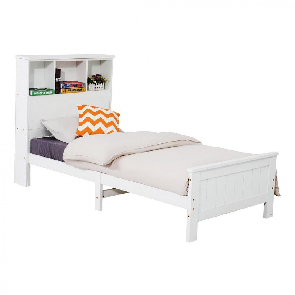 Out of Stock! King Single Solid Pine Timber Bed Frame with Bookshelf Storage Headboard- White