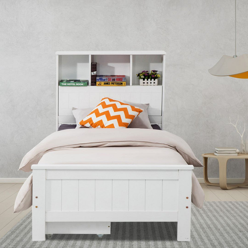 Out of Stock! Single Size  Bed Frame With Bookshelf Headboard- White
