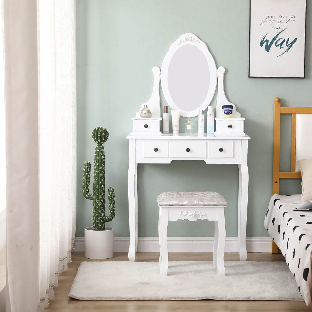 Out of Stock, Sorry! Carved Dressing Vanity Table Set with Mirror & Stool- White