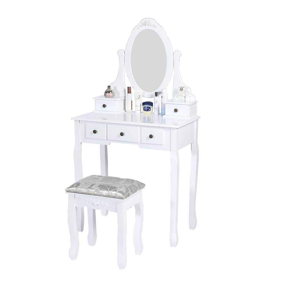 Out of Stock, Sorry! Carved Dressing Vanity Table Set with Mirror & Stool- White