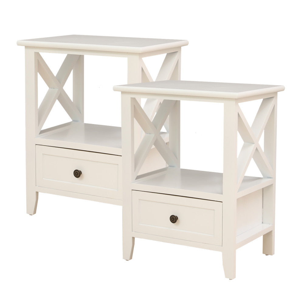 No Assembly Required! Set of Two 2-tier Bedside Tables with Storage Drawer in Rustic White