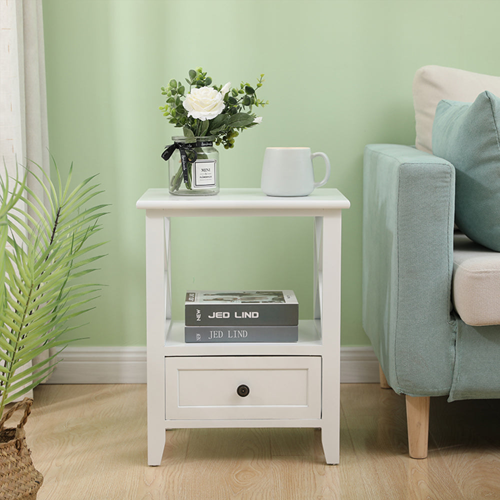 No Assembly Required! Set of Two 2-tier Bedside Tables with Storage Drawer in Rustic White