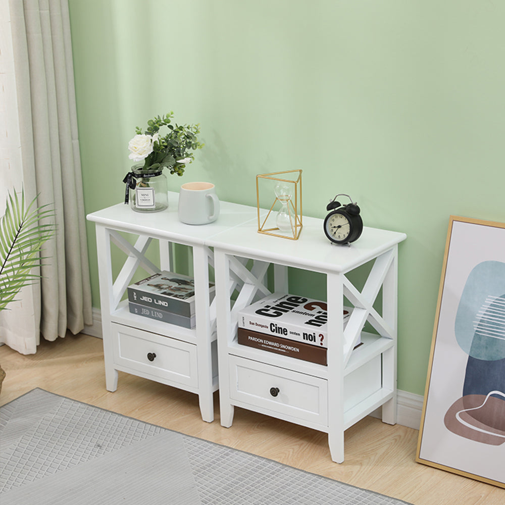 No Assembly Required! Set of Two 2-tier Bedside Tables with Storage Drawer in Rustic White