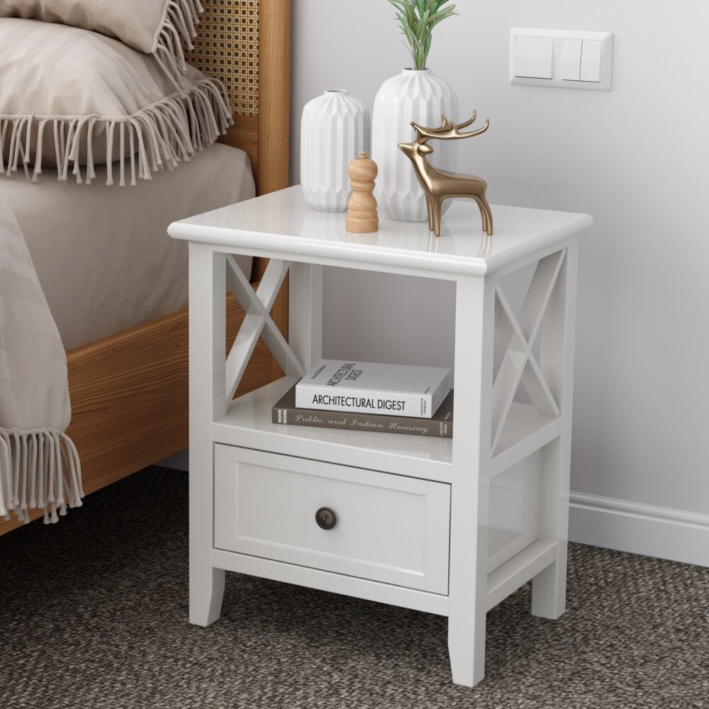 No Assembly Required! Set of Two 2-tier Bedside Tables with Storage Drawer in Rustic White