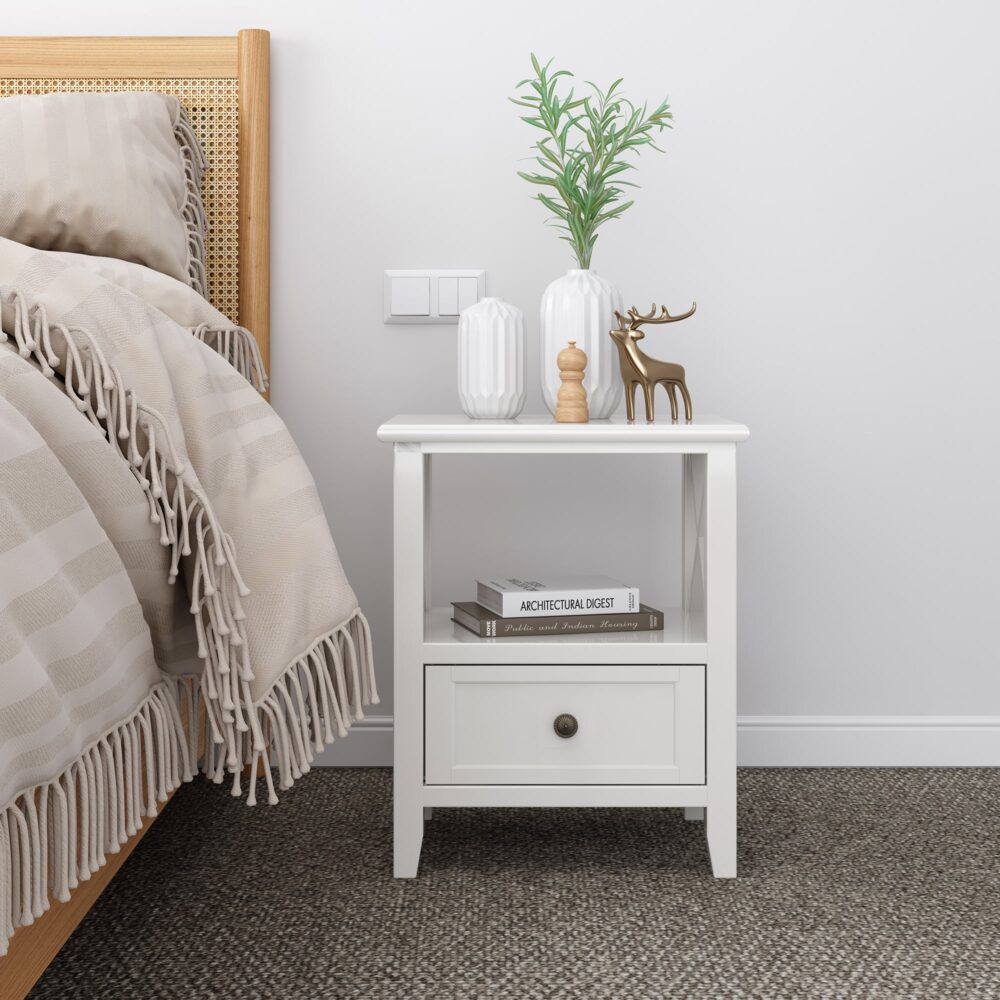 No Assembly Required! Set of Two 2-tier Bedside Tables with Storage Drawer in Rustic White
