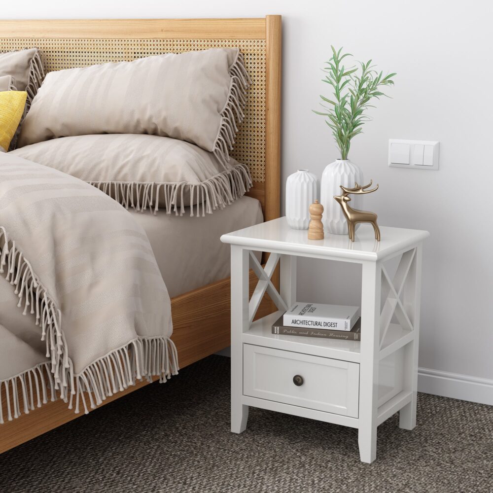No Assembly Required! Set of Two 2-tier Bedside Tables with Storage Drawer in Rustic White