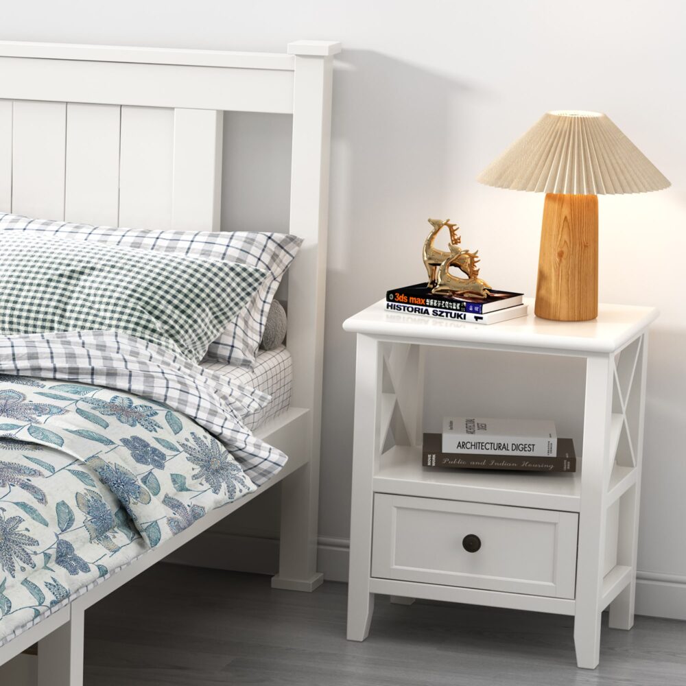 No Assembly Required! Set of Two 2-tier Bedside Tables with Storage Drawer in Rustic White