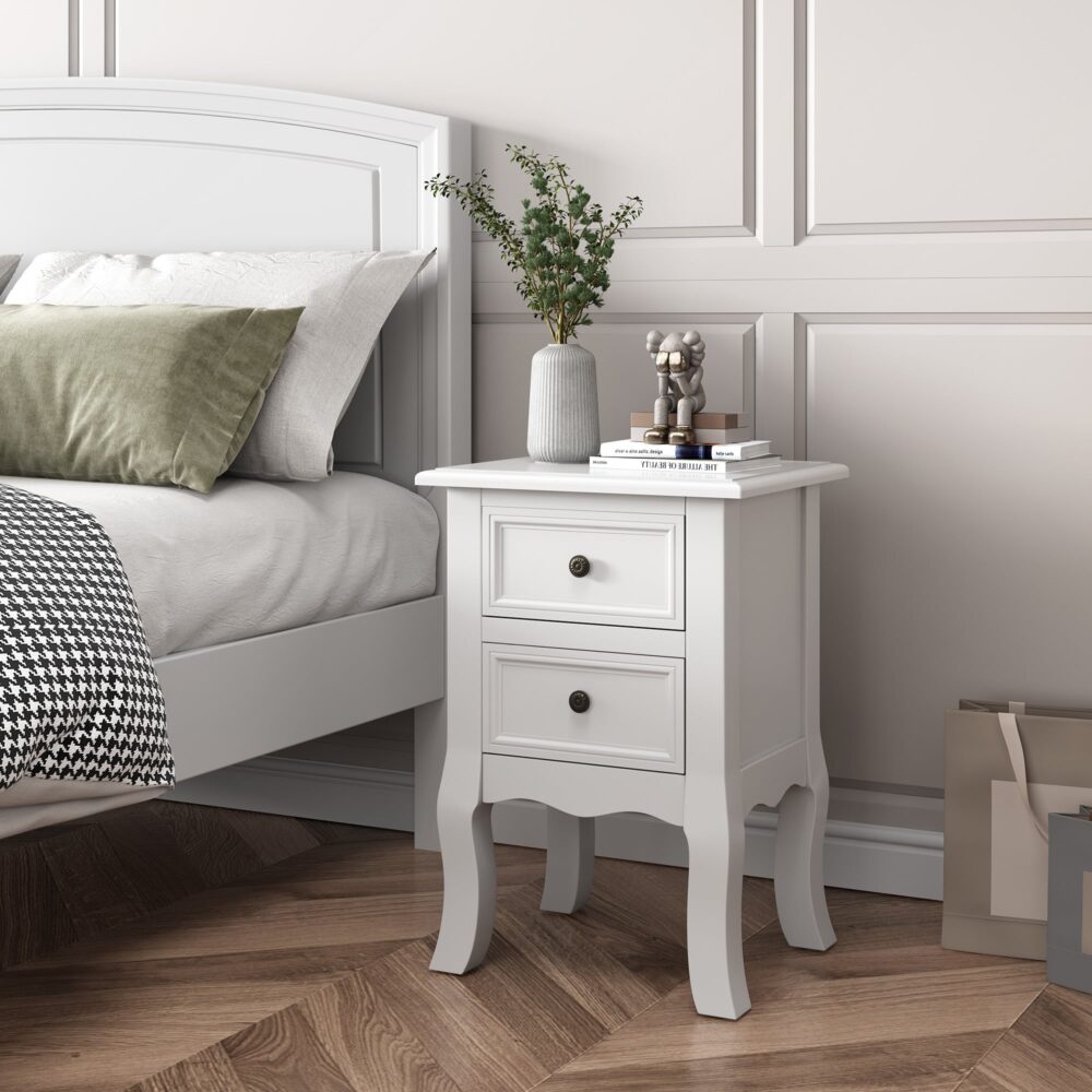 Out of stock! 
No Assembly Required! Set of Two French Bedside Tables in White