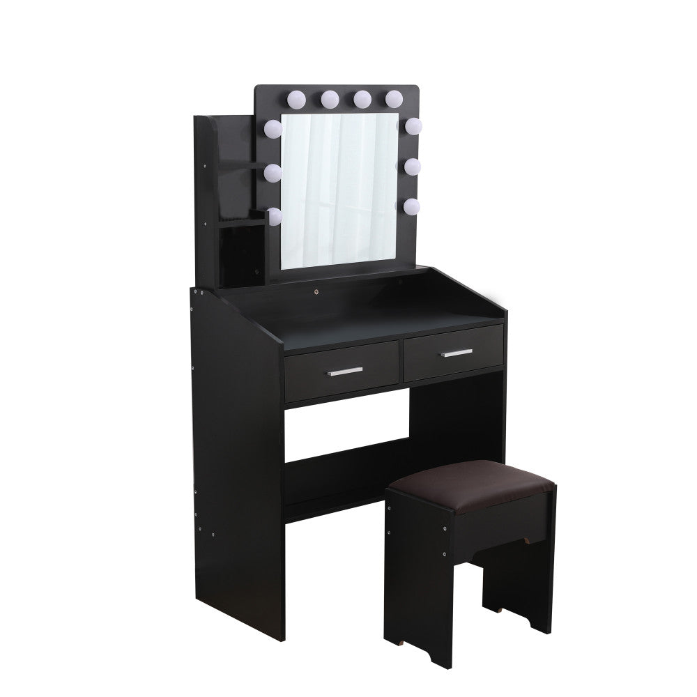 Vanity Set with Shelves Cushioned Stool and Lighted Mirror- Black