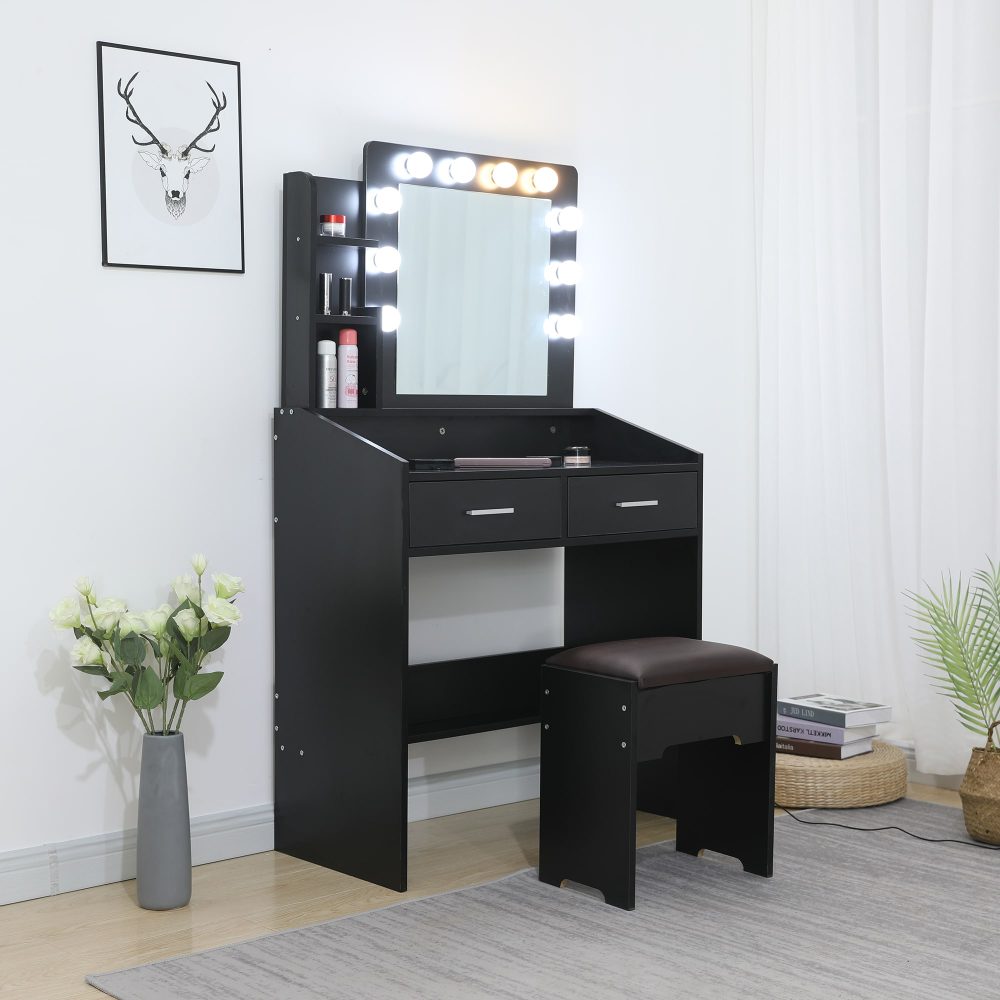 Vanity Set with Shelves Cushioned Stool and Lighted Mirror- Black