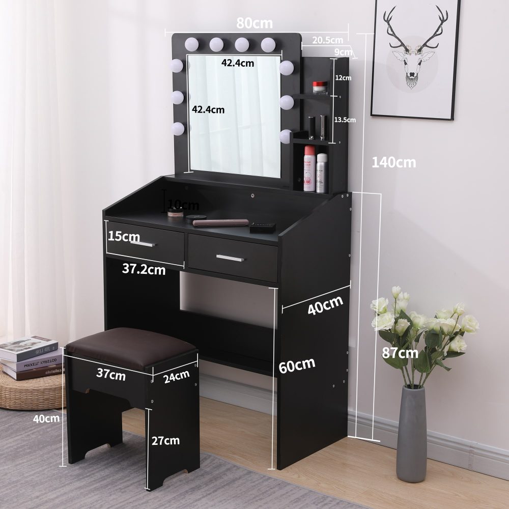 Vanity Set with Shelves Cushioned Stool and Lighted Mirror- Black