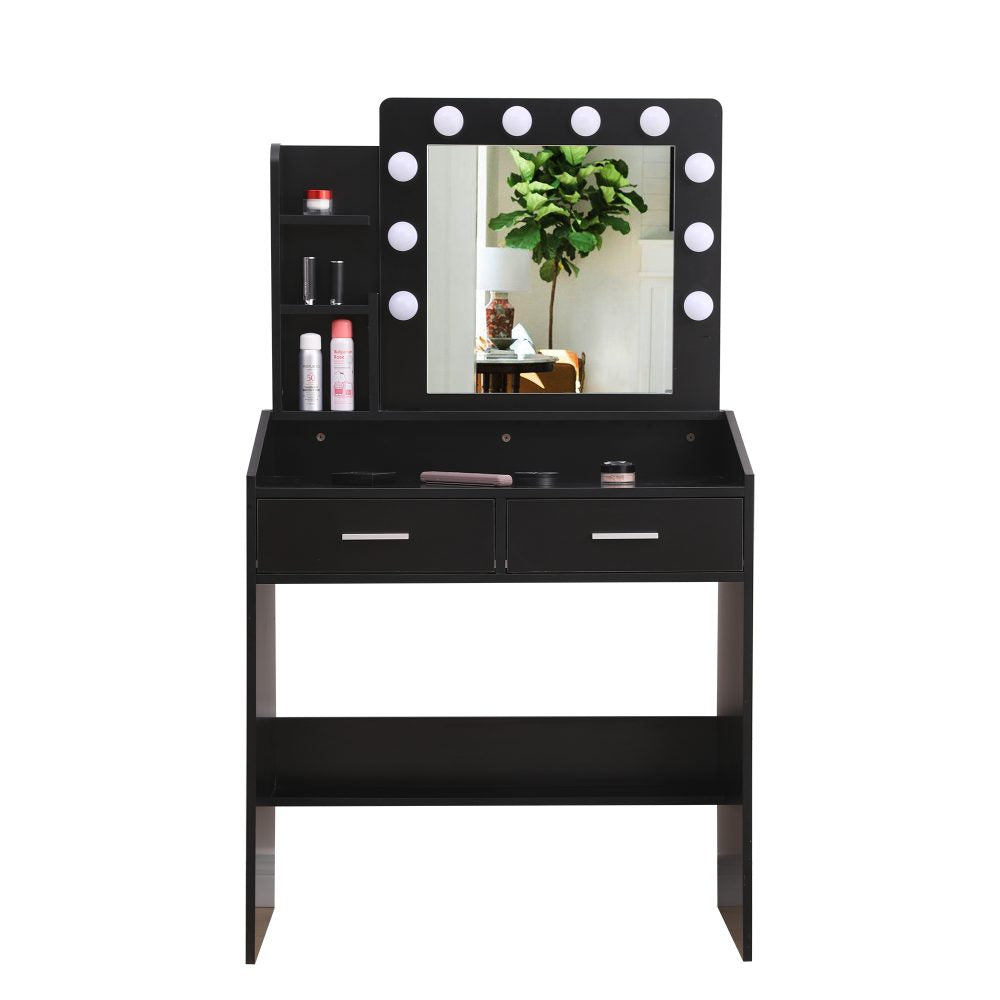 Vanity Set with Shelves Cushioned Stool and Lighted Mirror- Black
