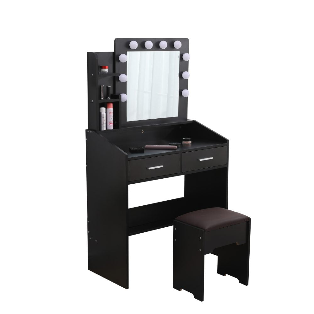 Vanity Set with Shelves Cushioned Stool and Lighted Mirror- Black