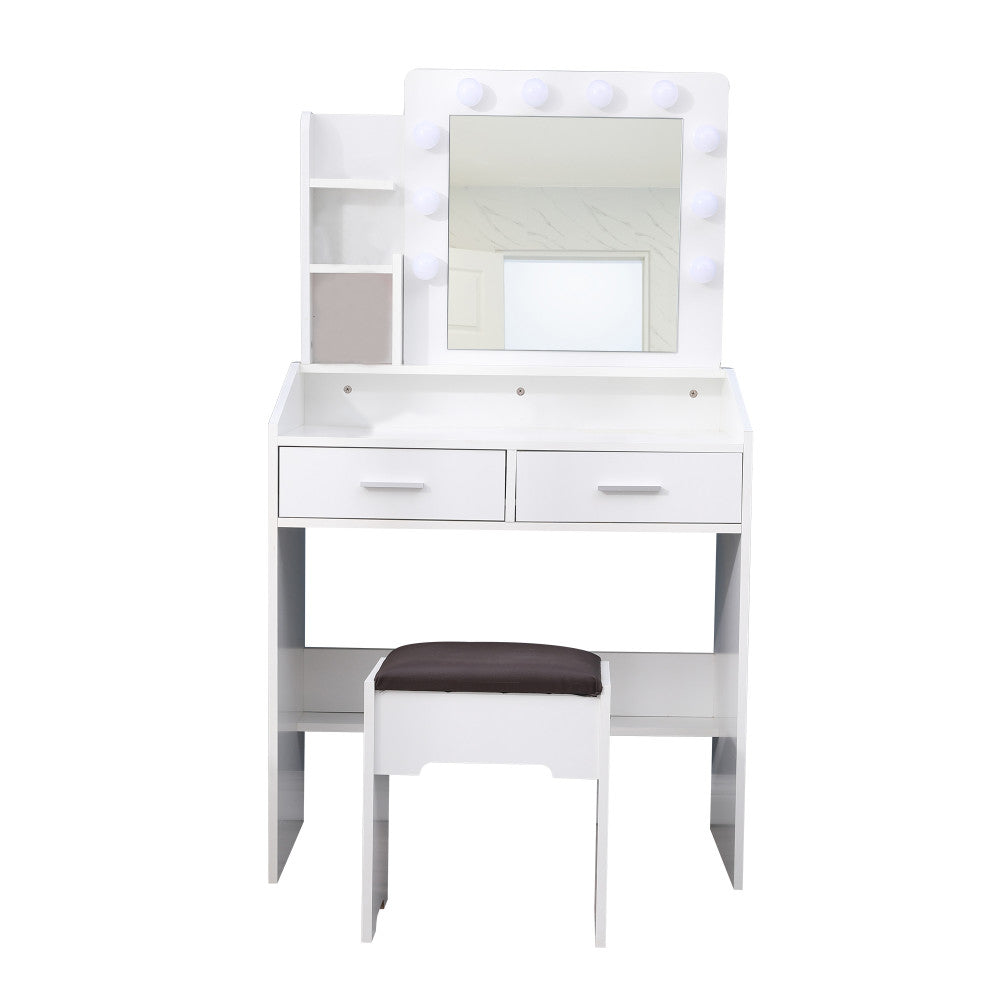 Vanity Set with Shelves Cushioned Stool and Lighted Mirror - White