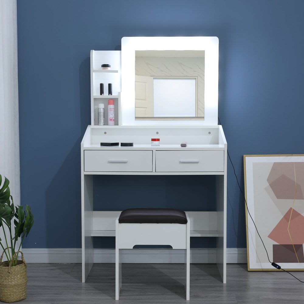 Vanity Set with Shelves Cushioned Stool and Lighted Mirror - White
