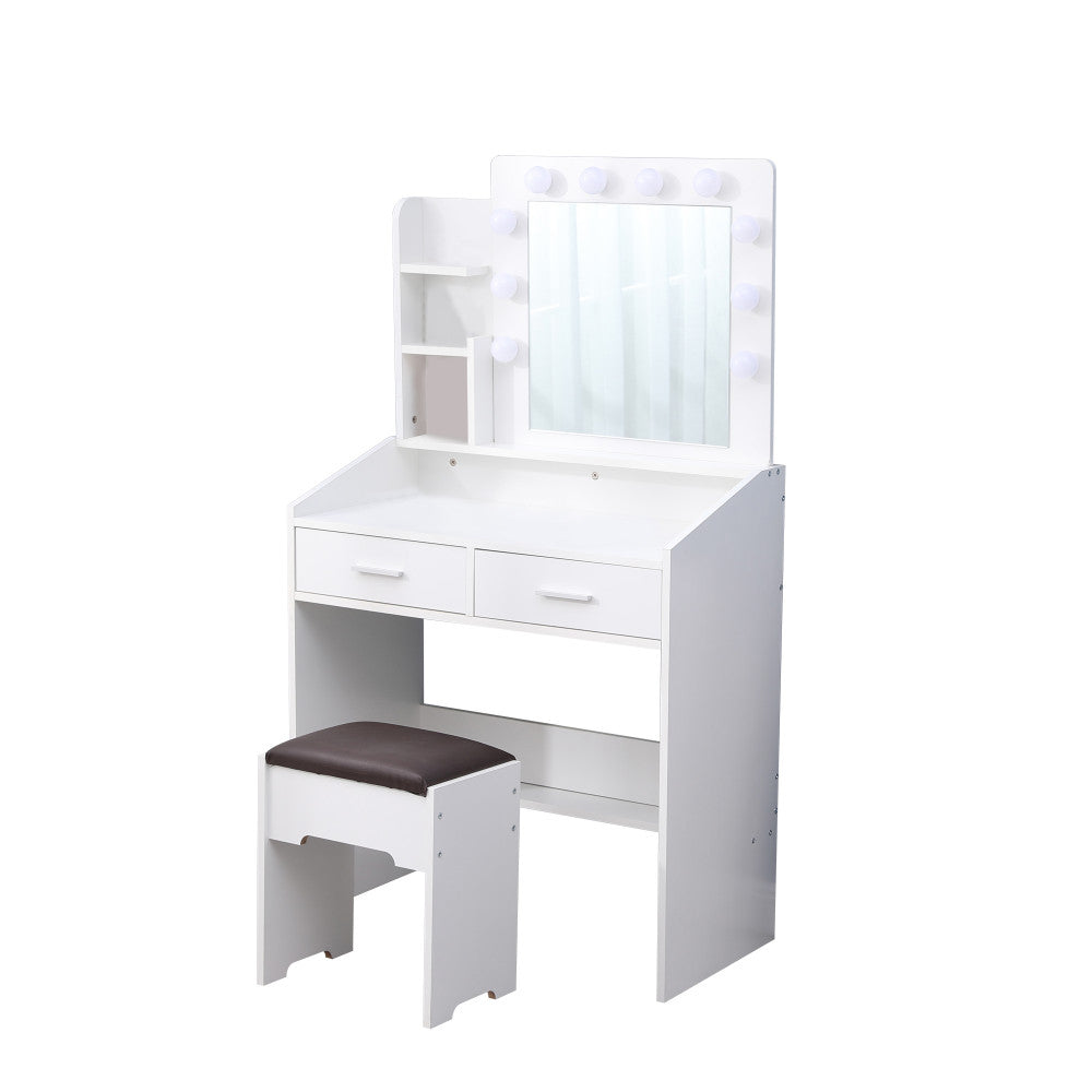 Vanity Set with Shelves Cushioned Stool and Lighted Mirror - White