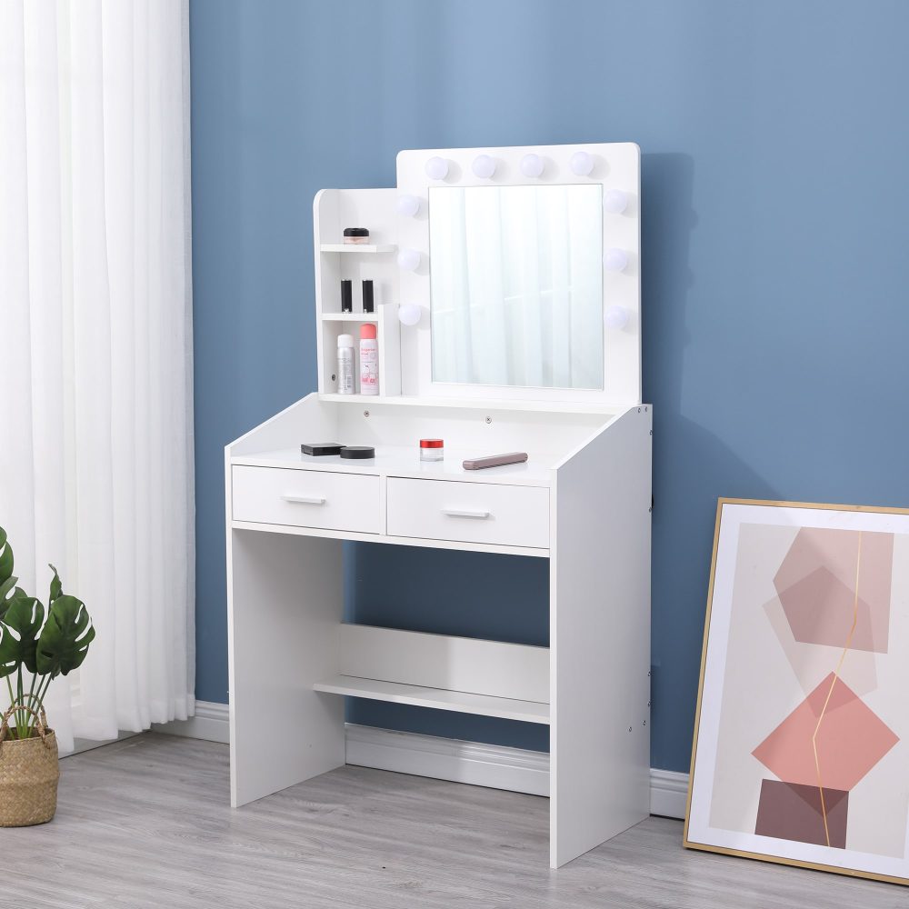Vanity Set with Shelves Cushioned Stool and Lighted Mirror - White