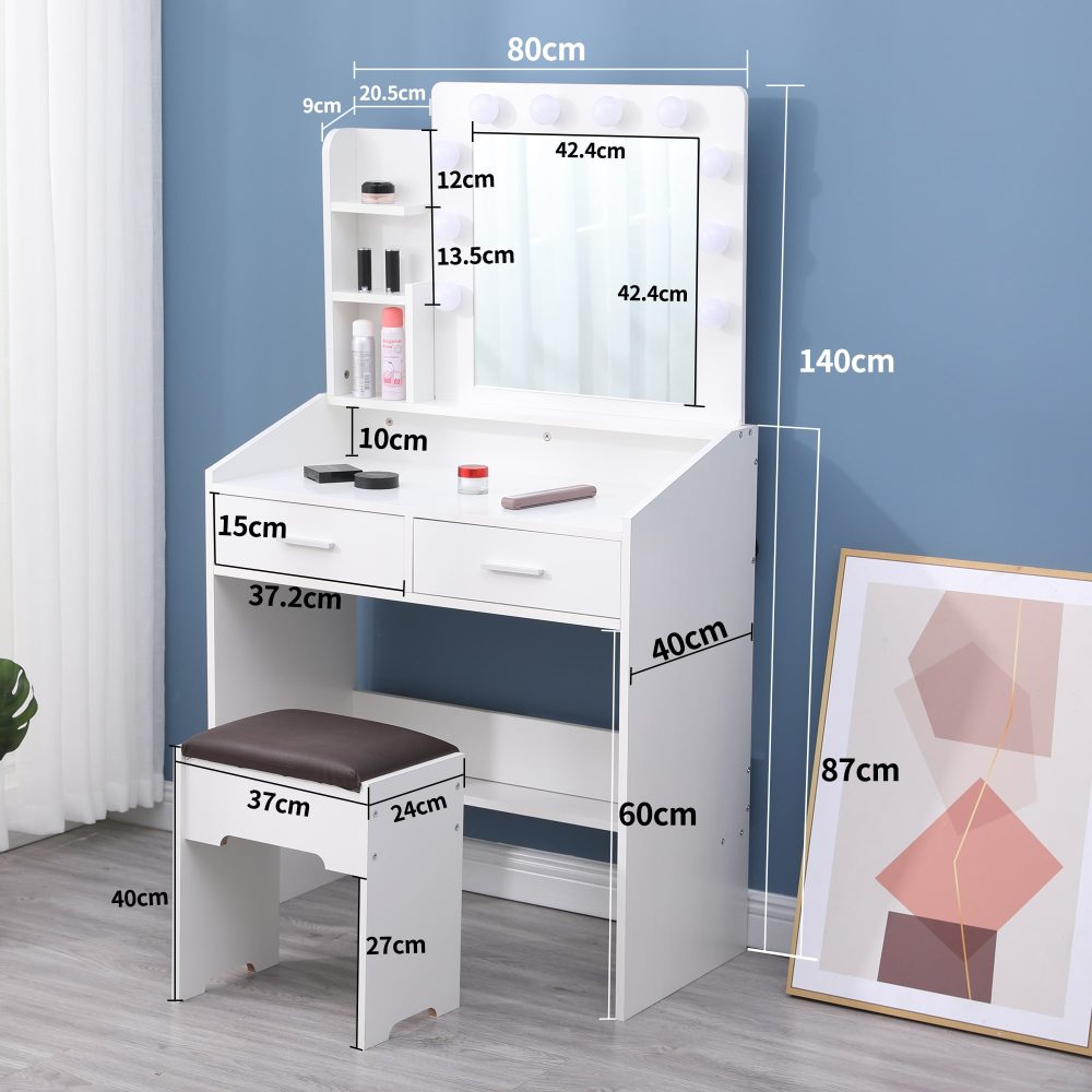 Vanity Set with Shelves Cushioned Stool and Lighted Mirror - White