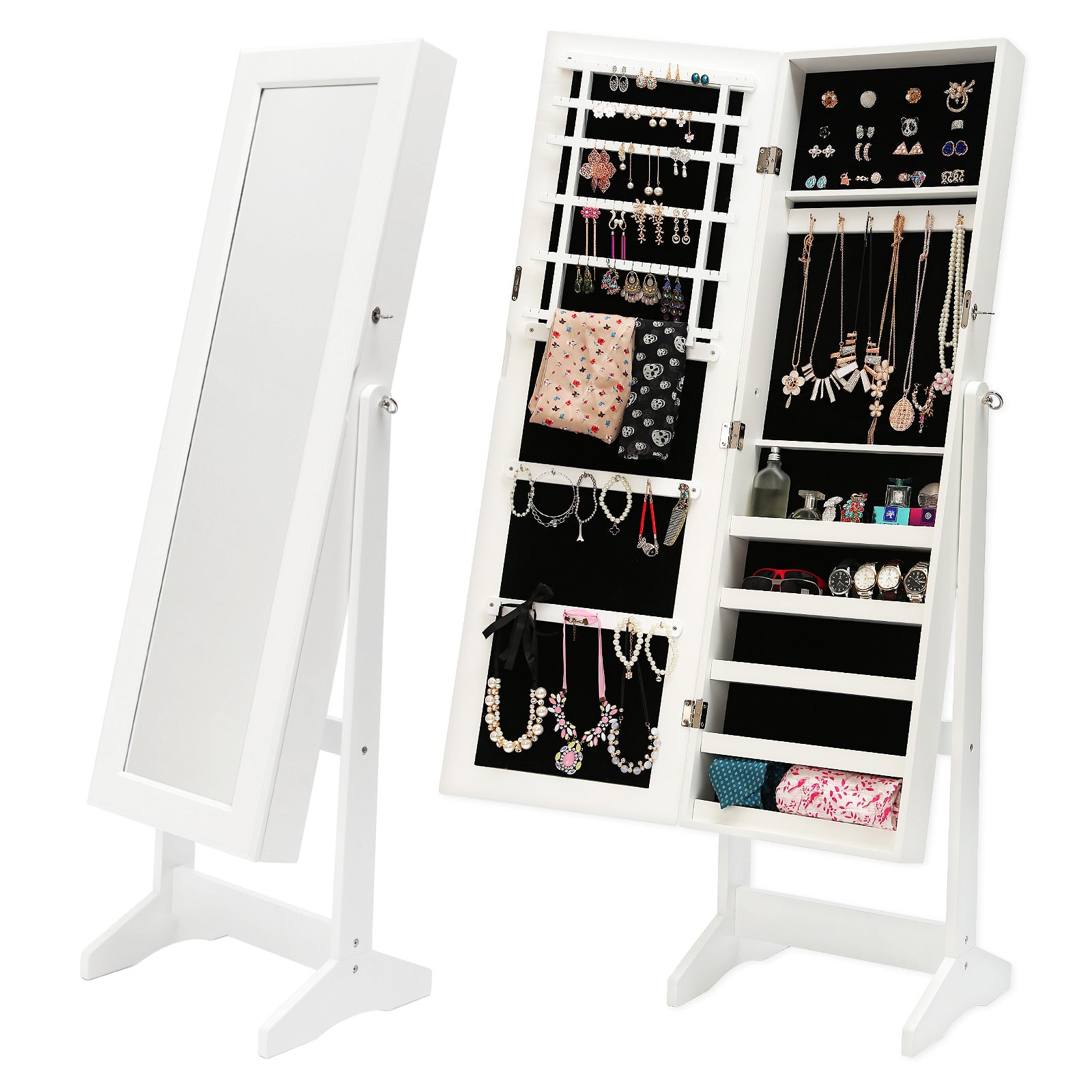 La Bella 146cm White Mirror With Lockable Jewellery Cabinet