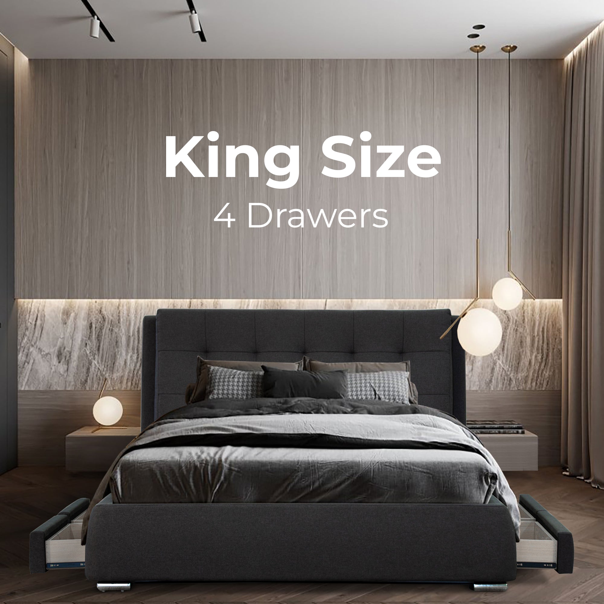 Out of Stock! King Size Bed Frame Timber Base With Headboard and Storage Drawers - Grey