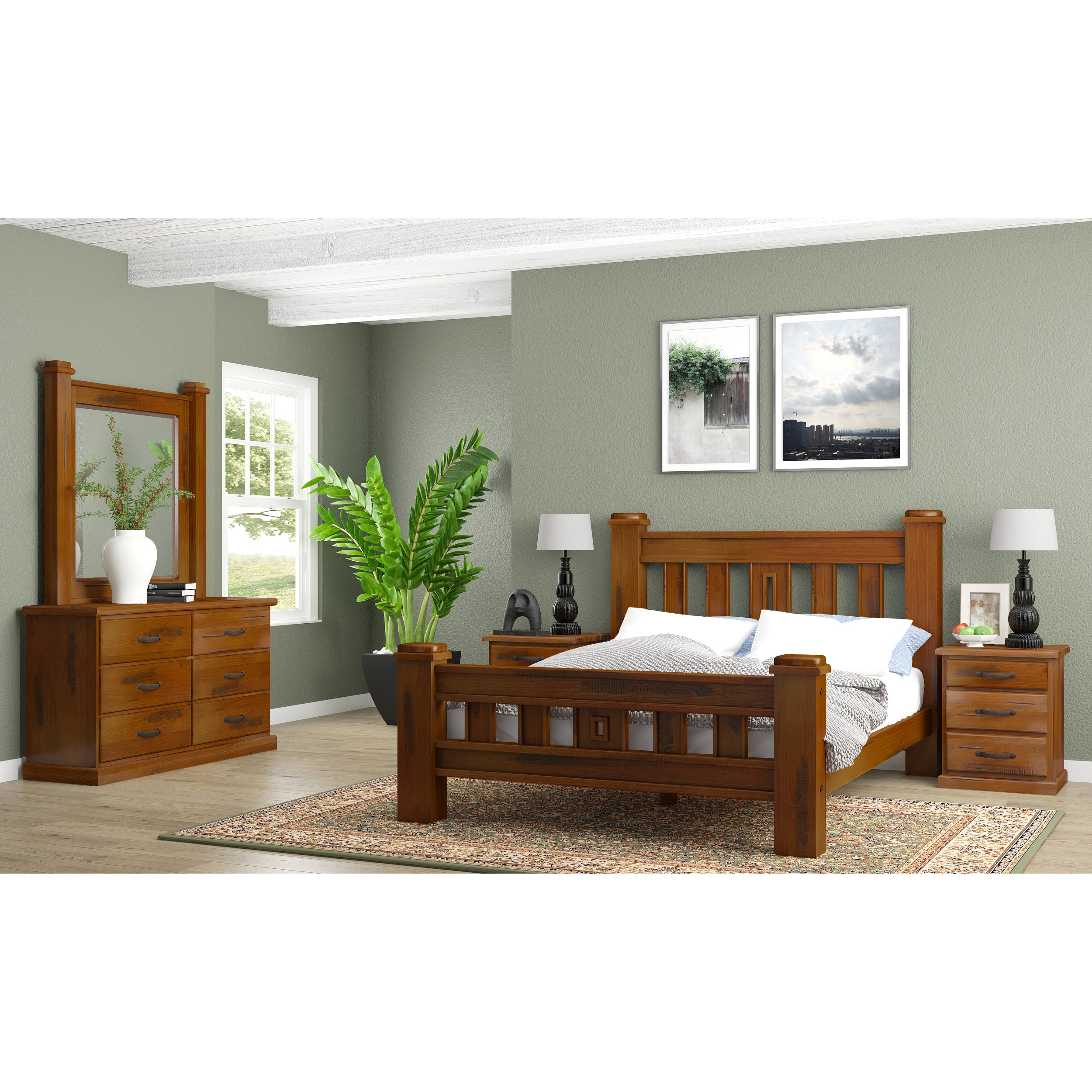 4pc Queen Bed Frame Suite Bedside Tallboy Furniture Package - Dark Brown