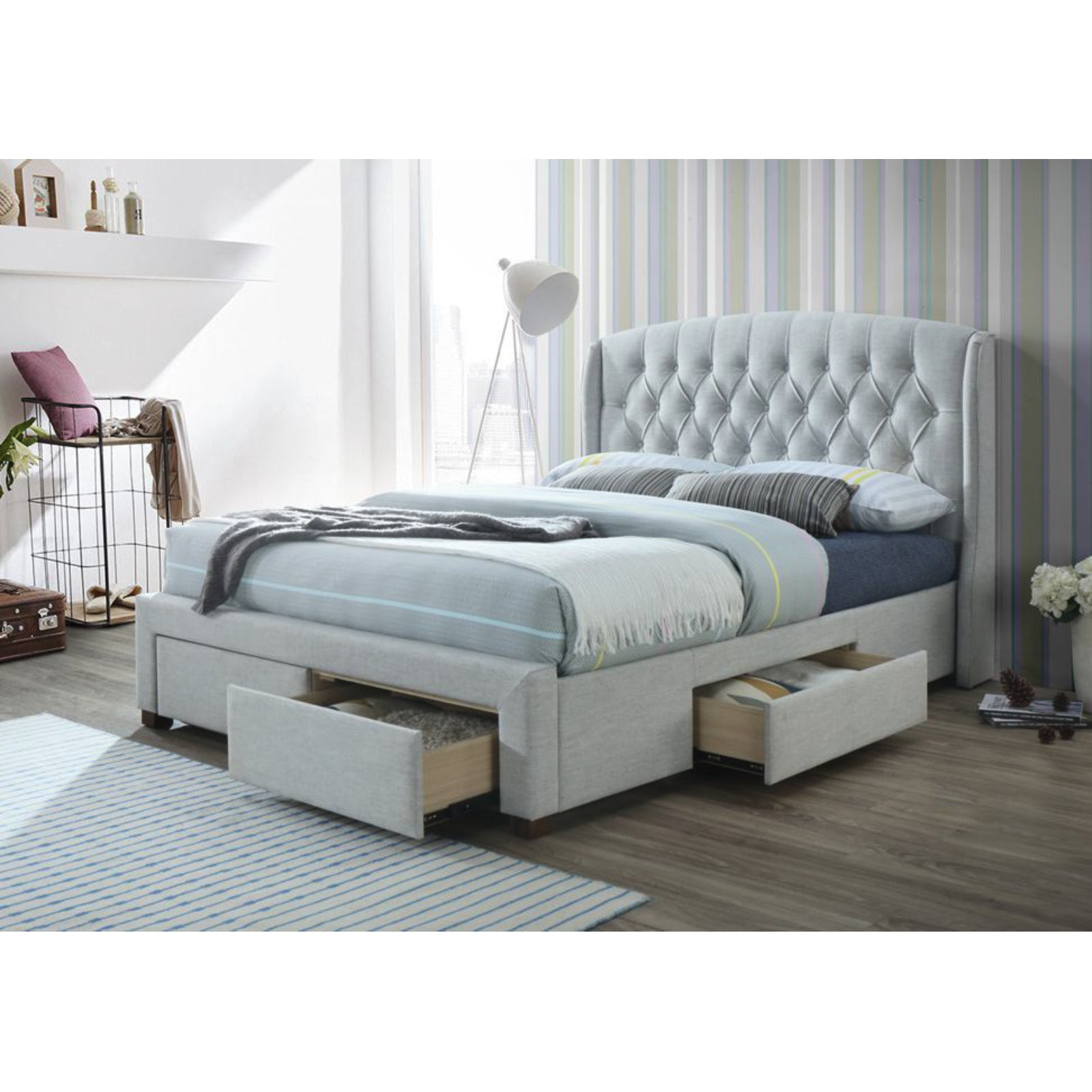 King Size Bed Frame With Headboard and Storage Drawers - Beige