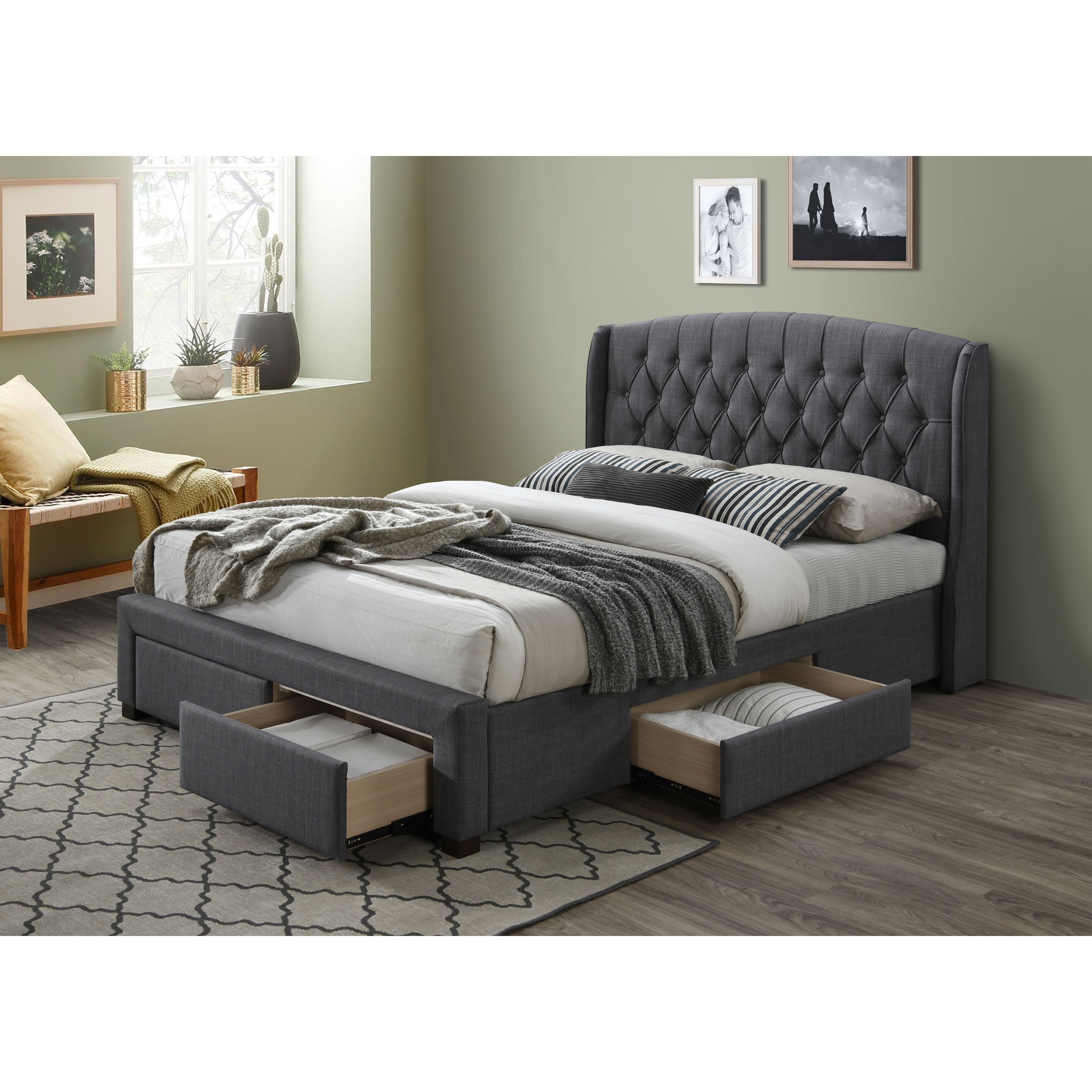 Out of Stock! Queen Size Bed Frame With Bedhead and Storage Drawers - Grey