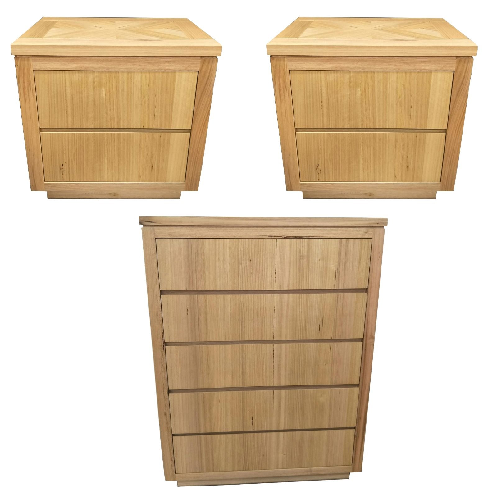 No Assembly Required on this Three Piece Bedrom Bundle - Two Bedside Tables and Tallboy