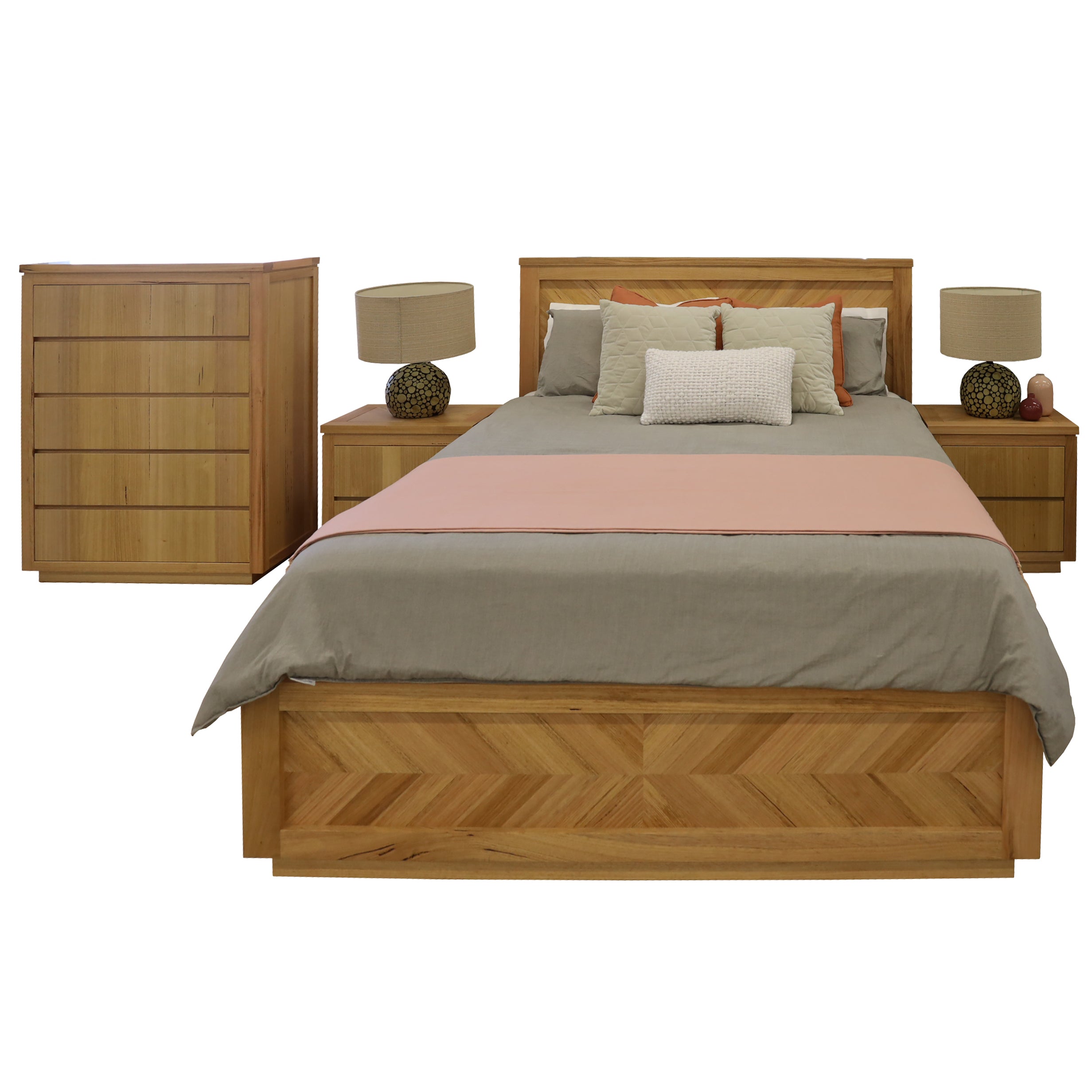 Queen Size Premium Luxury Bedroom Package 4pc Bed Frame, Bedside Tables and Tallboy