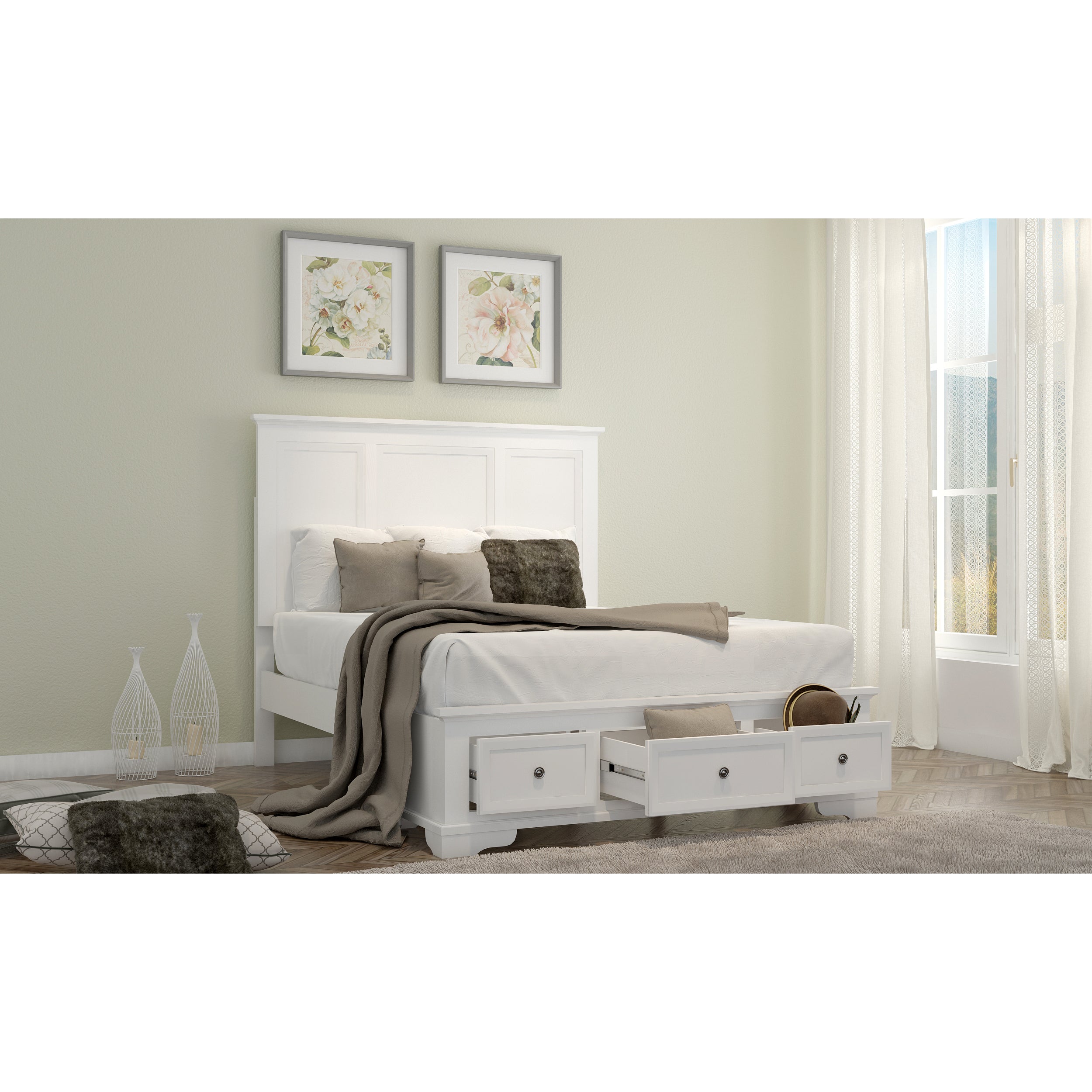 Queen Size Bed Frame With Storage Drawers - White