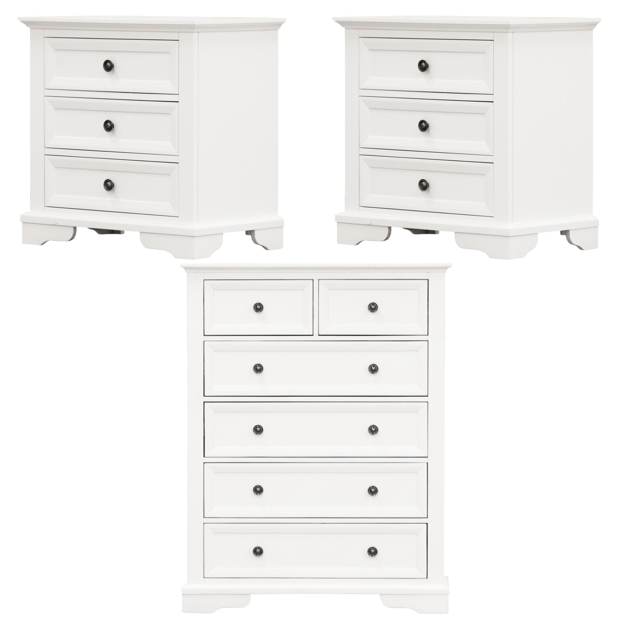 No Assembly Required! Two Bedside Tables and Tallboy Matching Bundle - White