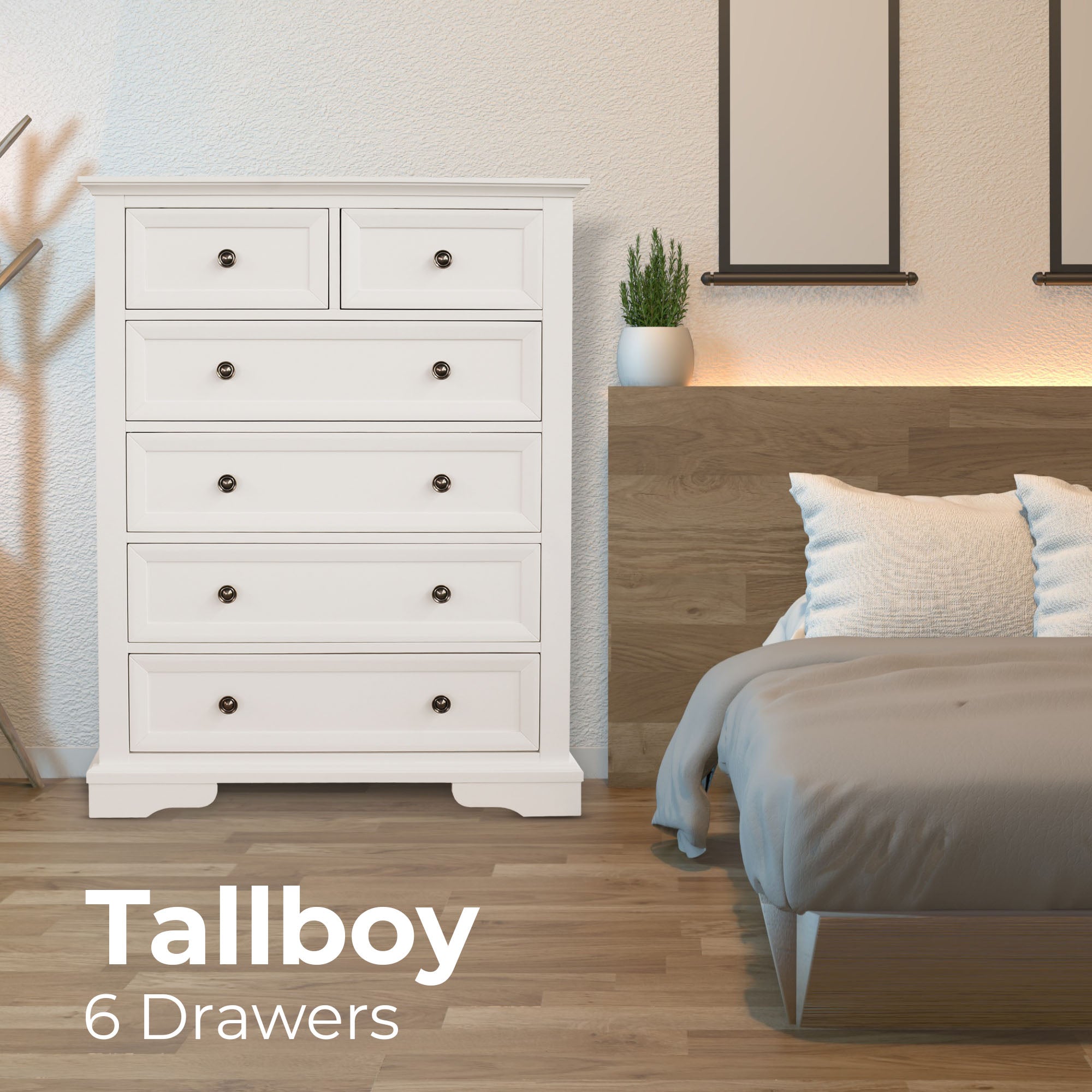 No Assembly Required! Quality Tallboy 6 Drawers Solid Acacia Wood - White