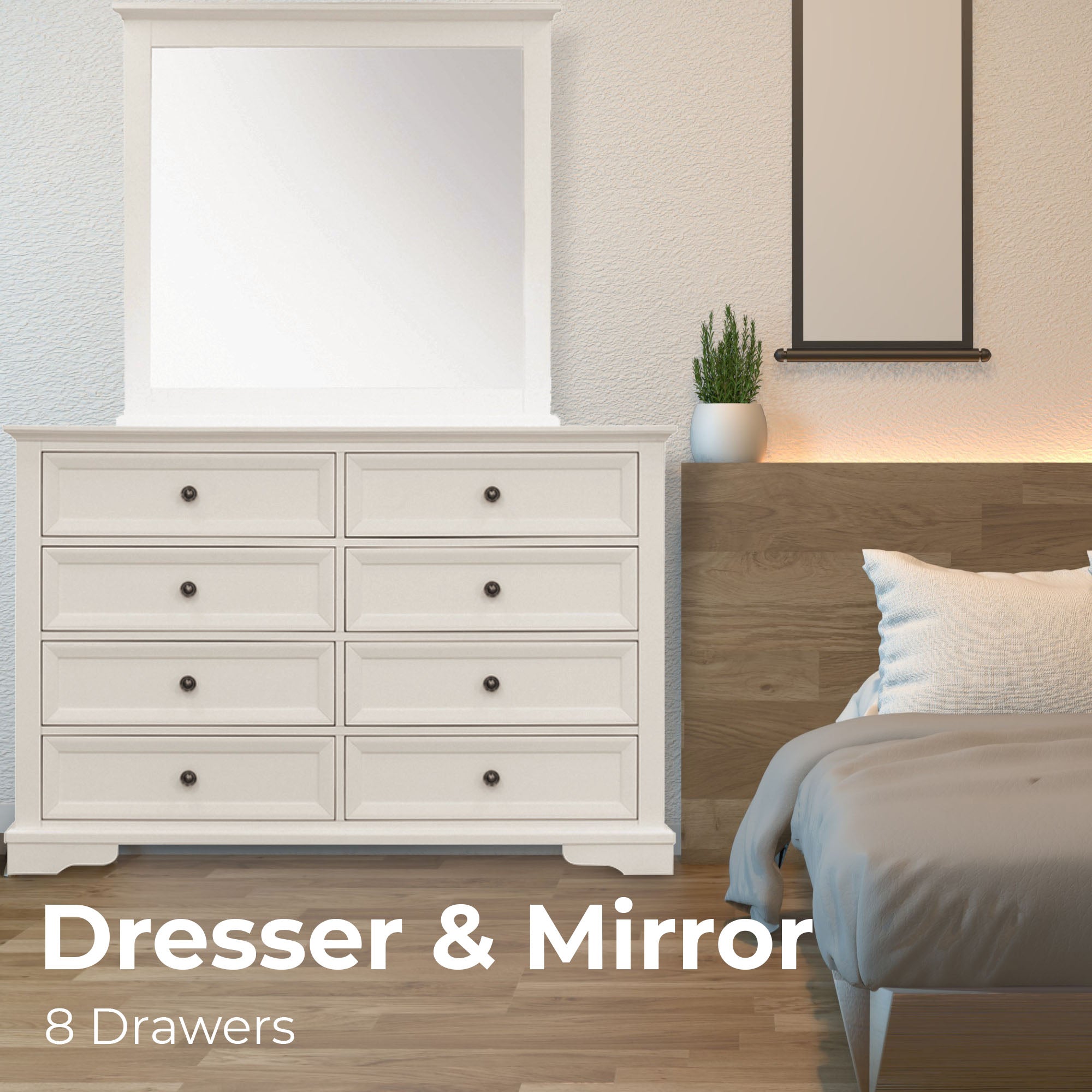 Fully Assembled! Celosia Dresser Mirror 8 Chest of Drawers Bedroom Timber Storage Cabinet - White