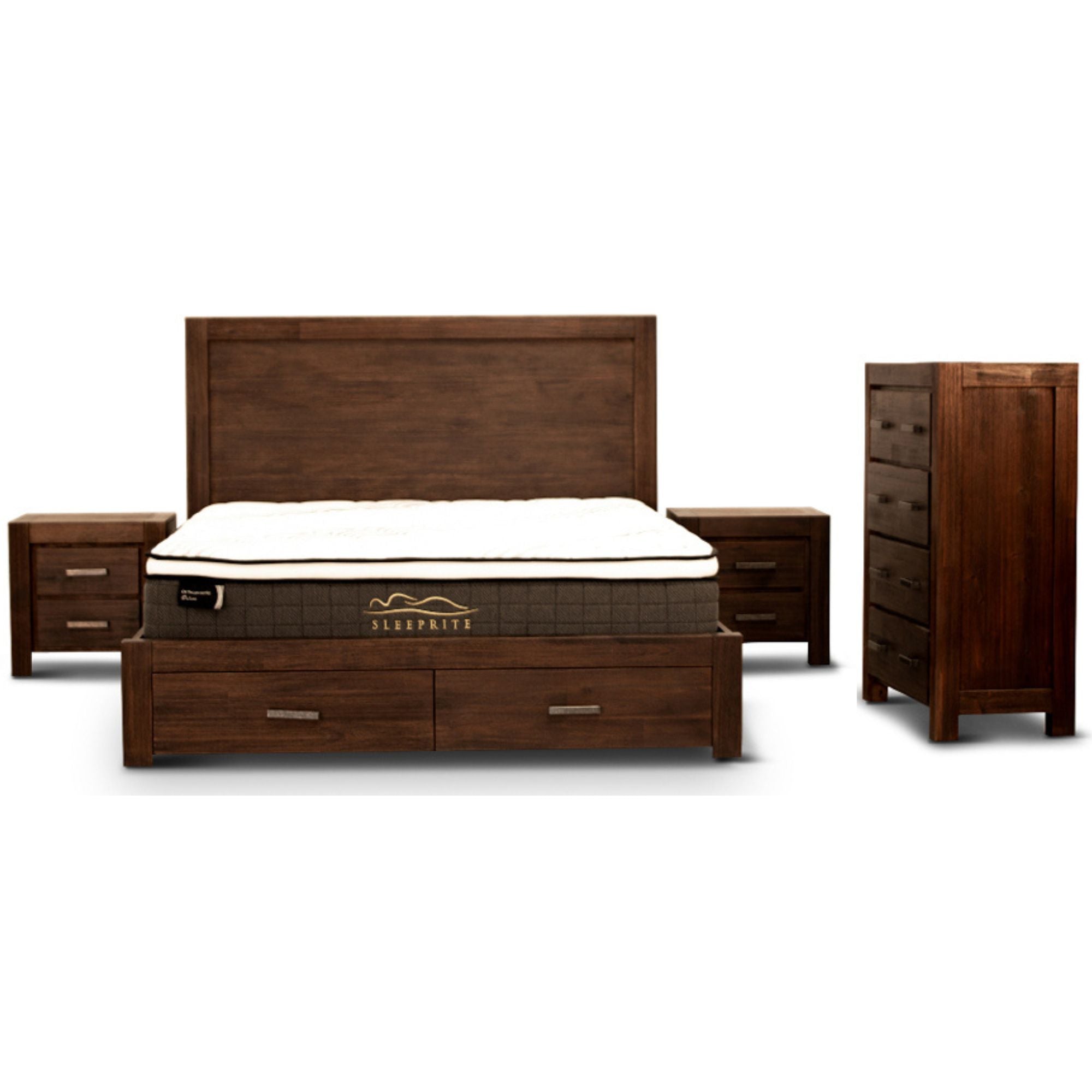 Queen Size Four Pce Bedroom Suite Incl. Bed, Bedside Tables and Tallboy - Walnut