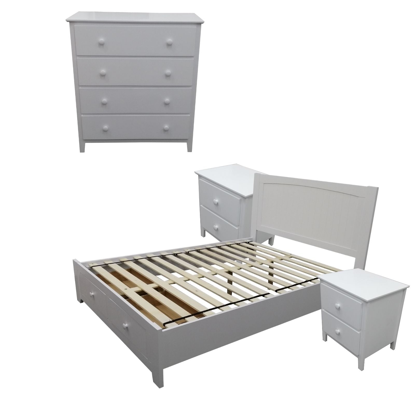 Out of Stock! No Assembly Required! Queen Size Bedroom Furniture Package Bedside Tables Tallboy Set - WHT