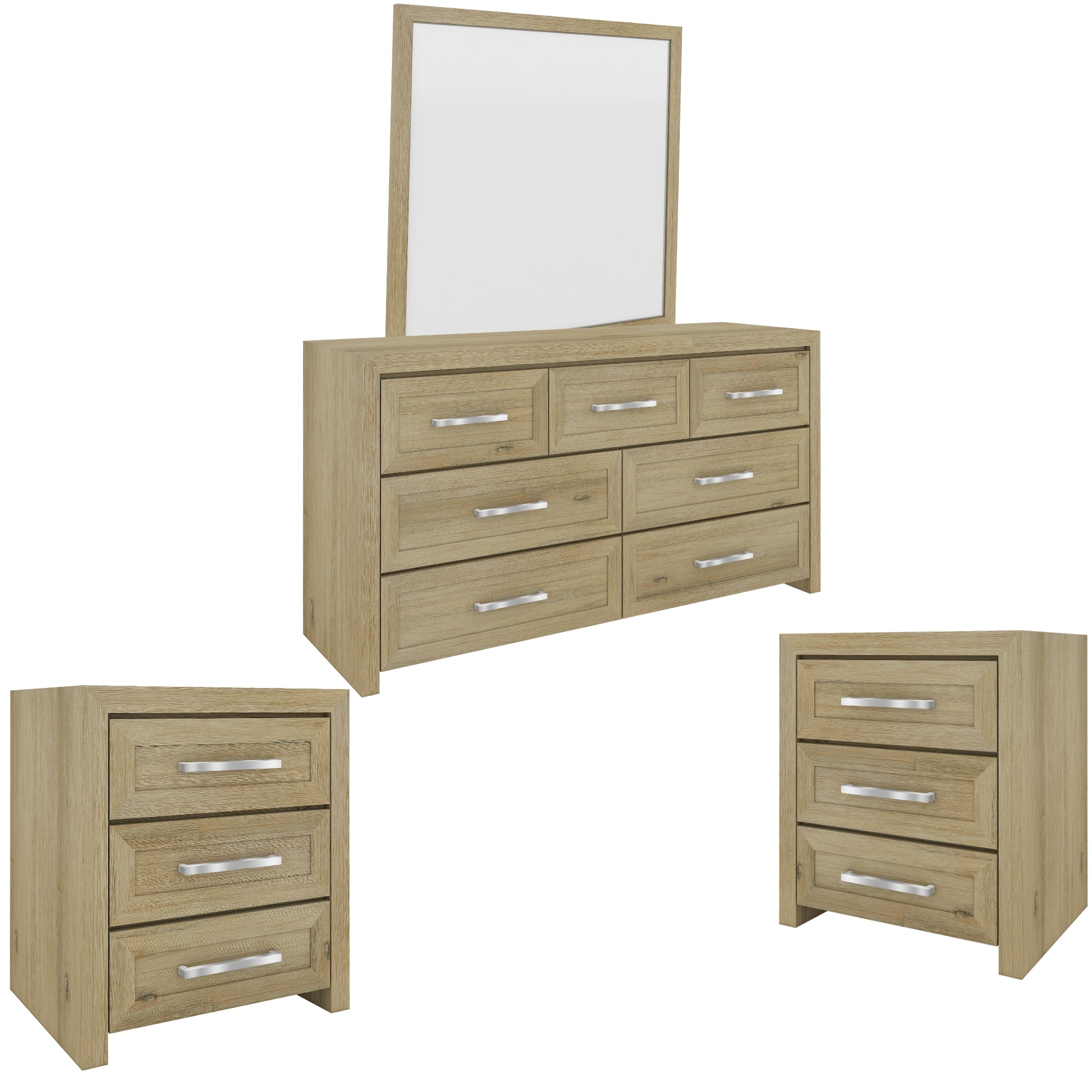 Fully Assembled Set of Two Bedside Tables and Dresser Mirror Set