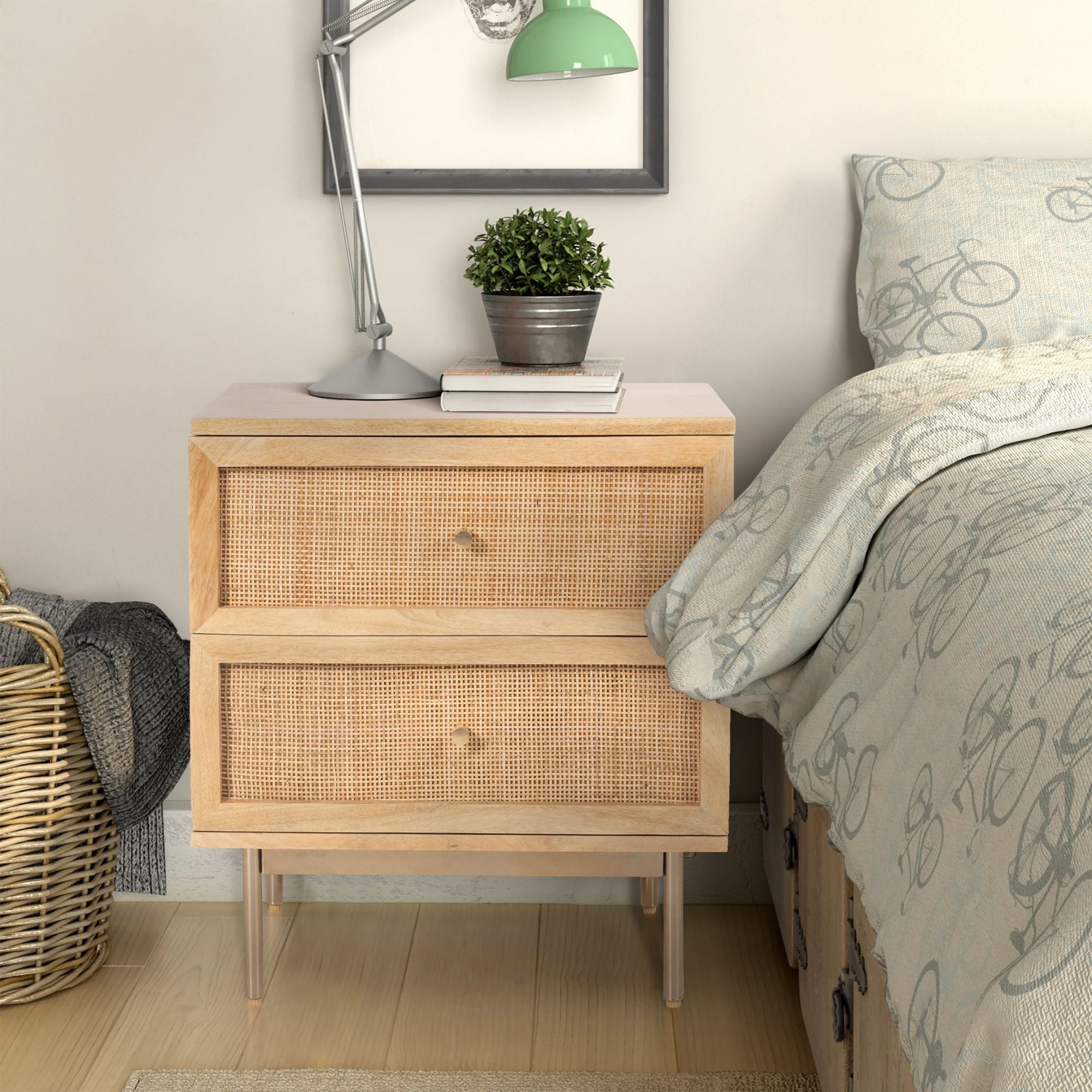 Out of Stock! Bedside Table 2 Drawer Storage Cabinet Solid Mango Wood Rattan